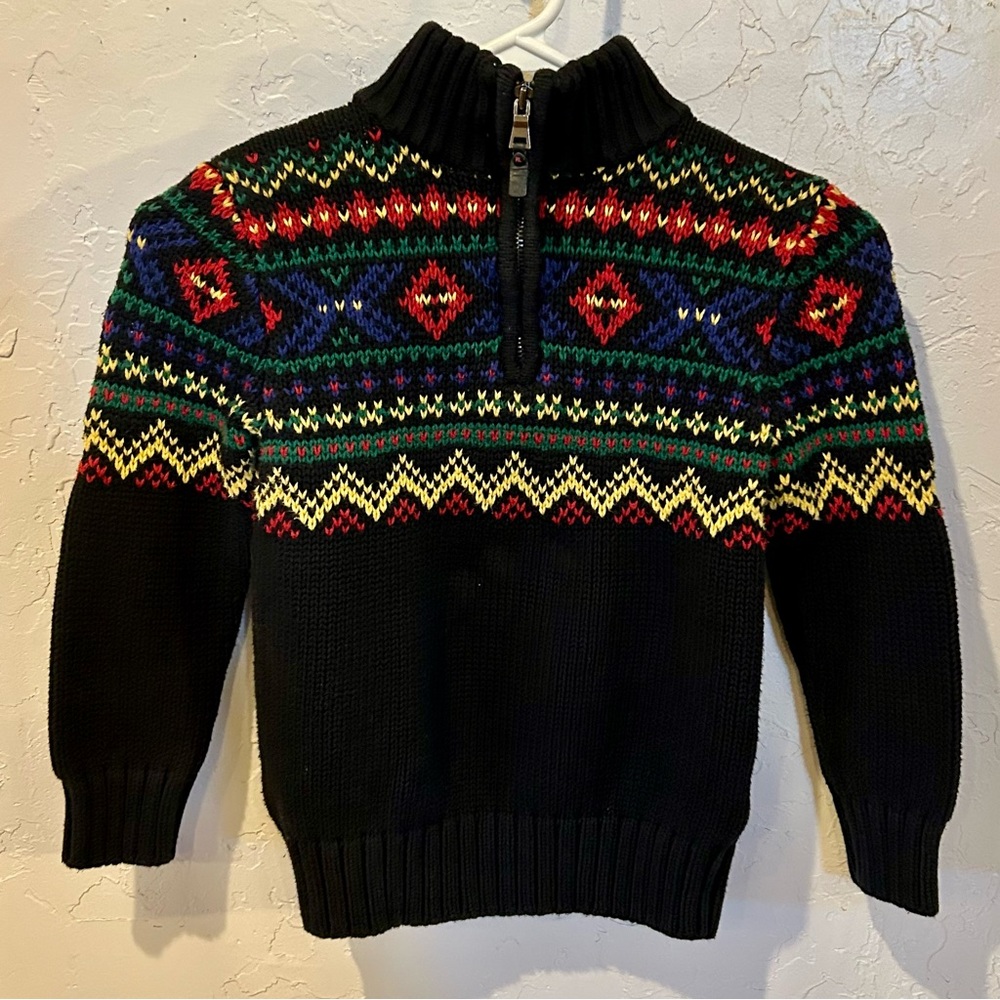 Ralph Lauren Black Zip-Up Sweater with Multicolor Patterns